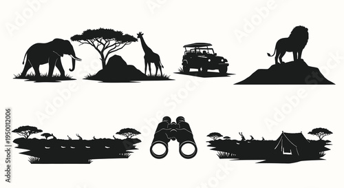 Safari Animals and Vehicles Vector Art - Black Silhouette Wildlife Icons