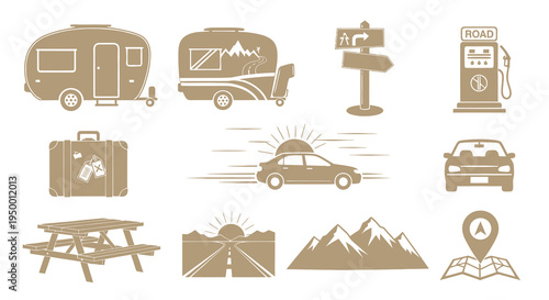 Travel Icons: Caravans, Car, Suitcase, Gas Station, Road, Mountains, Map