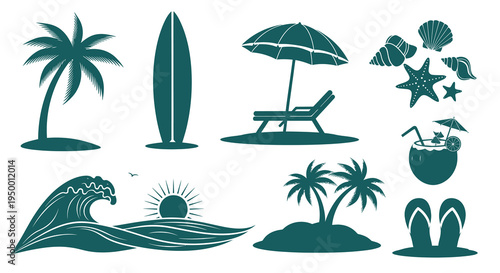 Tropical Beach Vacation Icons: Palm Tree, Surfboard, Sun, Wave, Cocktails, Shells
