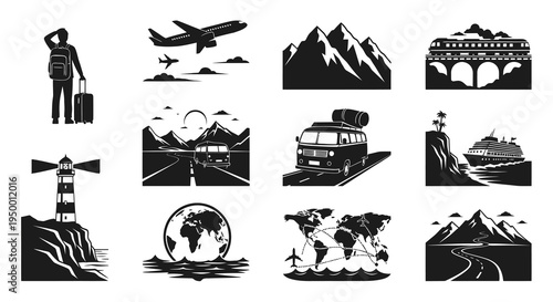 Black  White Travel Icons: Airplane, Bus, Ship, Mountains, Lighthouse, World Map