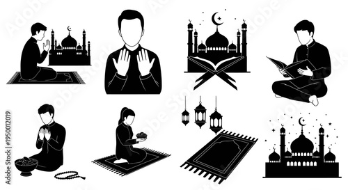Islamic Culture: People Praying, Mosques, Quran, Prayer Mat