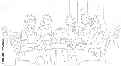 Black and White Line Art of Women Friends Enjoying Coffee at Cafe