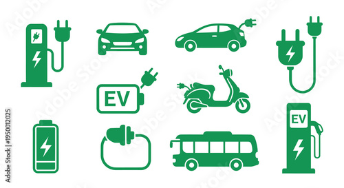 Electric Vehicle Icons: Charging Stations, Cars, Bus, Scooter, Battery, Plug