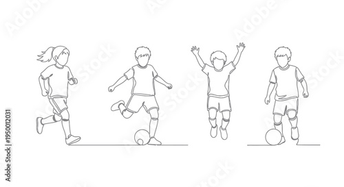 Black and White Line Art Children Playing Soccer in Various Poses