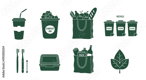 Green Recycling and Eco-Friendly Lifestyle Icons Set Glyph Style