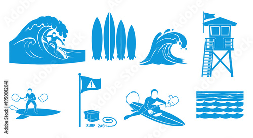 Surfing Icons: Waves, Lifeguard Tower, Surfboards, Beach Sports - Blue Glyphs