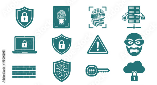 Cyber Security Icons - Shield, Laptop, Fingerprint, Hacker, Key, Cloud, Firewall
