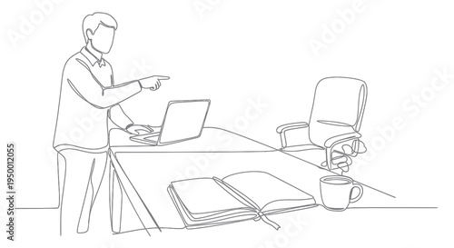 Office Scene with Man Pointing at Laptop, Desk, Chair, Book, Coffee