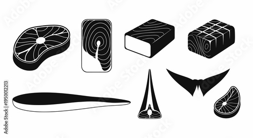 Black and White Vector Icons of Salmon Fish Cuts and Tail