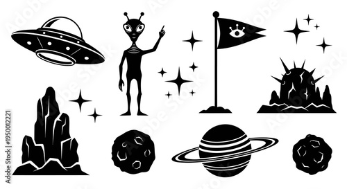 Black and White Alien Space Icons: UFO, Alien, Planet, Stars, Flag