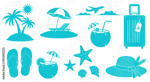 Summer Vacation Travel Icons: Beach, Suitcase, Hat, Drinks, Flip Flops