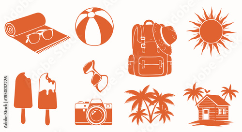 Orange Travel Icons Set: Beach, Sun, Bag, Camera, Food, House