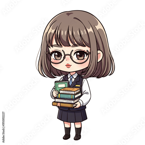 Cute chibi schoolgirl holding stack of books isolated on white background