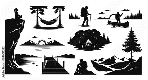 Outdoor Adventure Silhouettes: Camping, Hiking, Canoeing, Nature