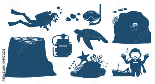 Flat Style Scuba Diving Underwater Scene Icons Vector