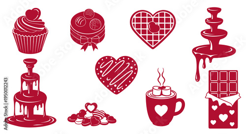 Valentine's Day Chocolate Icons: Cupcake, Heart, Fountain, Bar, Hot Cocoa