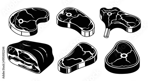 Black and White Vector Icons of Assorted Meat Cuts in Isometric Style