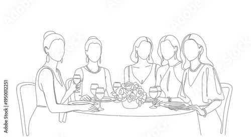 Elegant Women Enjoying Dinner Party - Black and White Line Art