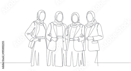 Four women in hijabs and suits, black and white line art, professional team