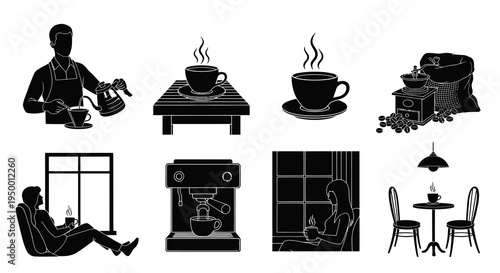 Coffee icons: person pouring coffee, hot cup, grinder, barista, cafe setting