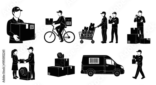 Delivery Service Icons: Black  White Glyph Set of Logistics and Shipping
