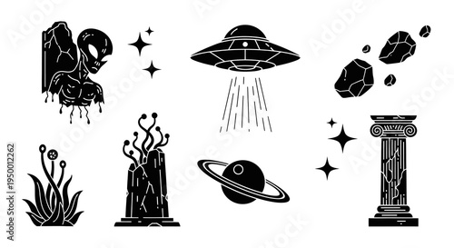 Alien UFO and Space Objects Black and White Glyph Icons Vector
