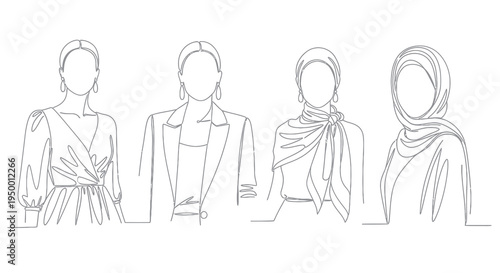 Line Art of Women's Fashion: Dress, Blazer, Scarf, Hijab