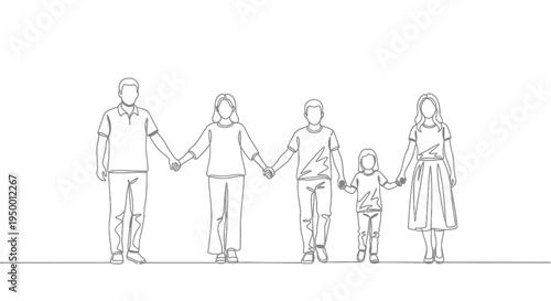Family Holding Hands Black and White Line Art