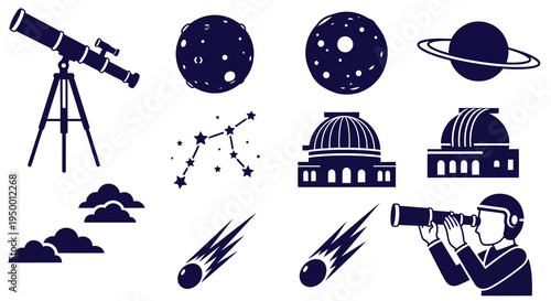Astronomy Icons Set: Telescope, Planets, Stars, Observatory, Comets, Person