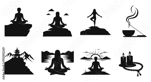 Black  White Yoga and Meditation Icons, Zen and Spiritual Lifestyle