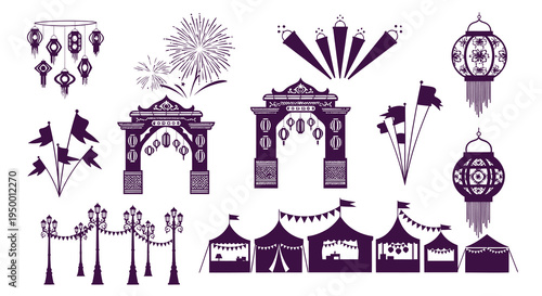 Festive Market and Celebration Icons: Arches, Tents, Lanterns, Fireworks, Flags