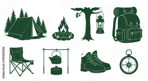 Camping Equipment Vector Icons - Tent, Campfire, Backpack, Boots, Compass