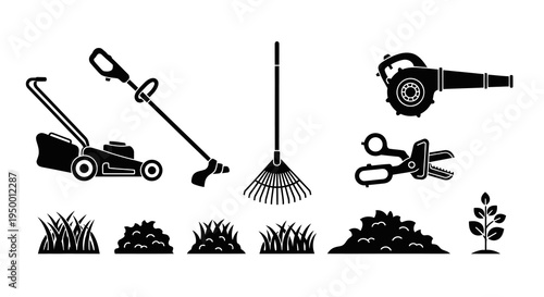 Black and White Glyph Icons of Lawn Care Equipment and Gardening Tools