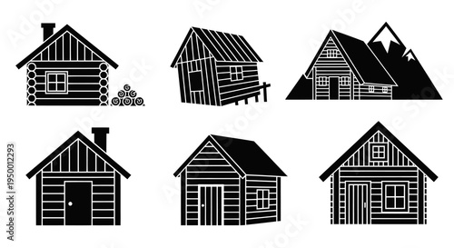 Black and White Glyph Icons of Log Cabins and Mountain Homes