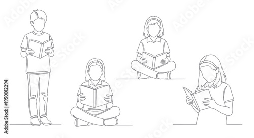 Kids reading books, line art vector illustration of children learning
