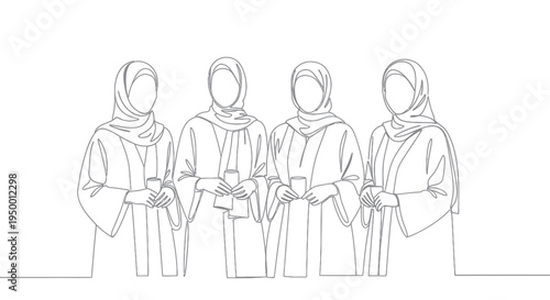 Islamic women in hijab holding cups, black and white line art