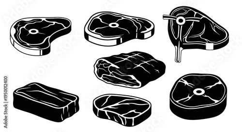 Black and White Vector Icons of Various Meat Cuts in Isometric Style