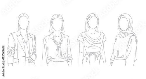 Minimalist Line Art of Four Diverse Women in Professional Attire