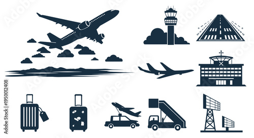 Airplane Icons: Airport, Runway, Luggage, Control Tower, Building, Vector Glyph Art
