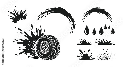 Black and white tire splashing in mud, automotive vector art
