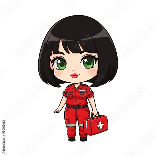 Cute chibi paramedic girl with first aid kit isolated on white background