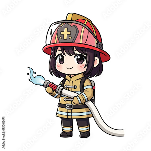 Cute chibi anime girl firefighter holding water hose isolated on white background