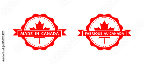 Set of Two Vibrant Red Canadian Product Origin Badges with Maple Leaf Icon and 'Made in Canada' Text in English and French for Quality Assurance