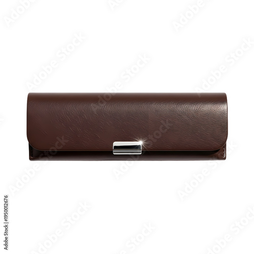 Brown leather clutch bag with silver clasp isolated on transparent background