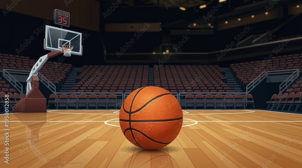 Naklejka premium Basketball on polished wooden court in professional indoor arena with dramatic lighting