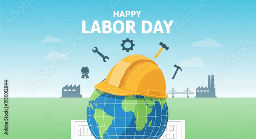 Happy labor day with globe wearing hard hat and tools on green field background