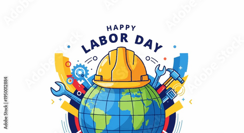 Happy labor day global celebration with hard hat and tools around earth