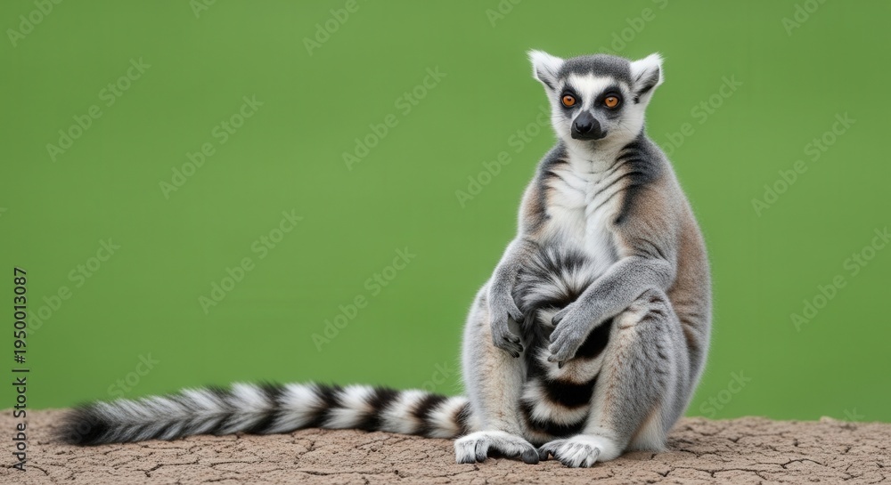 Naklejka premium Cute Ring-Tailed Lemur Sitting on Ground with Green Background in Nature