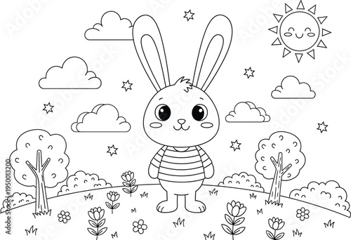 A cute bunny in a sunny meadow with flowers and trees
