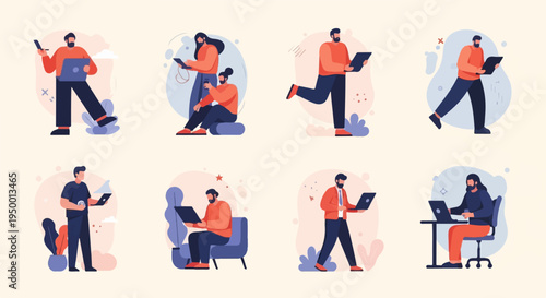 Flat design figures engaging with laptops and smartphones in various settings